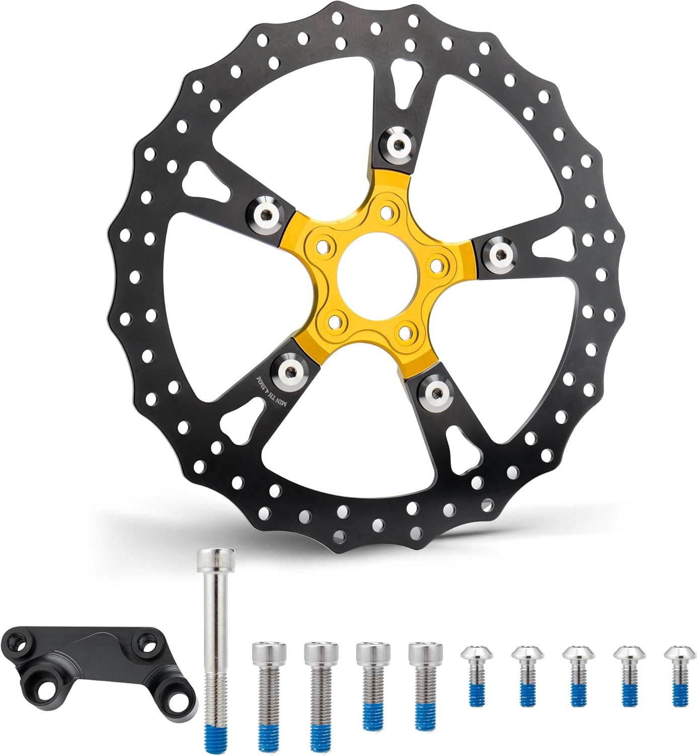 MoKitDora 14" Brake Single Front Disc Floating Rotor for Harley '06-'17 Dyna Street Fat Bob Super Wide Sport Glide 2015–up Softail Low Rider Breakout Deluxe Heritage Classic Black Zinc Plating, Golden