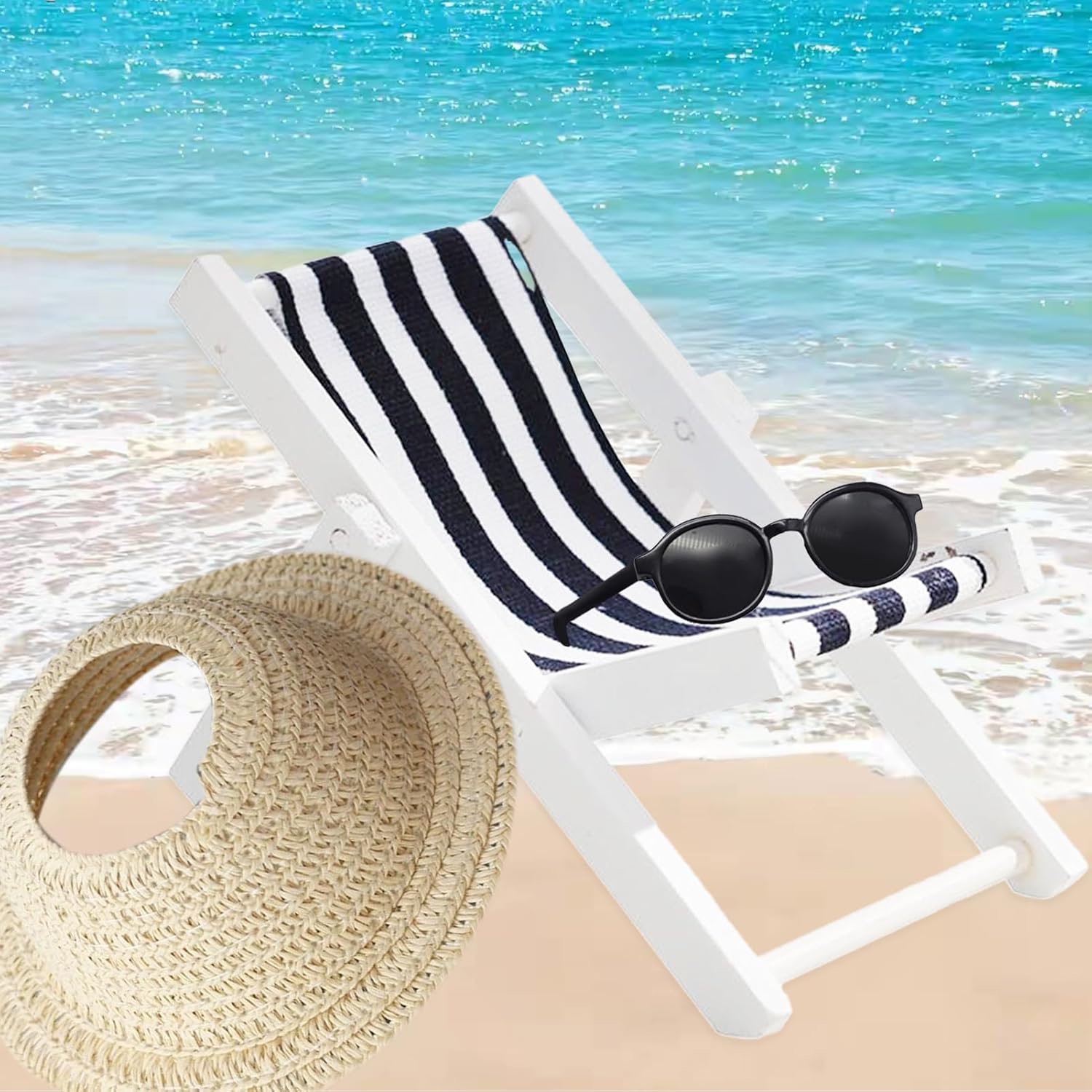 Accessories Set for 17cm Doll,Miniature Beach Sun Hat/Sunglasses/Wooden Folding Beach Chairs Compatible with Labubu 15cm/17cm Dolls,No Doll