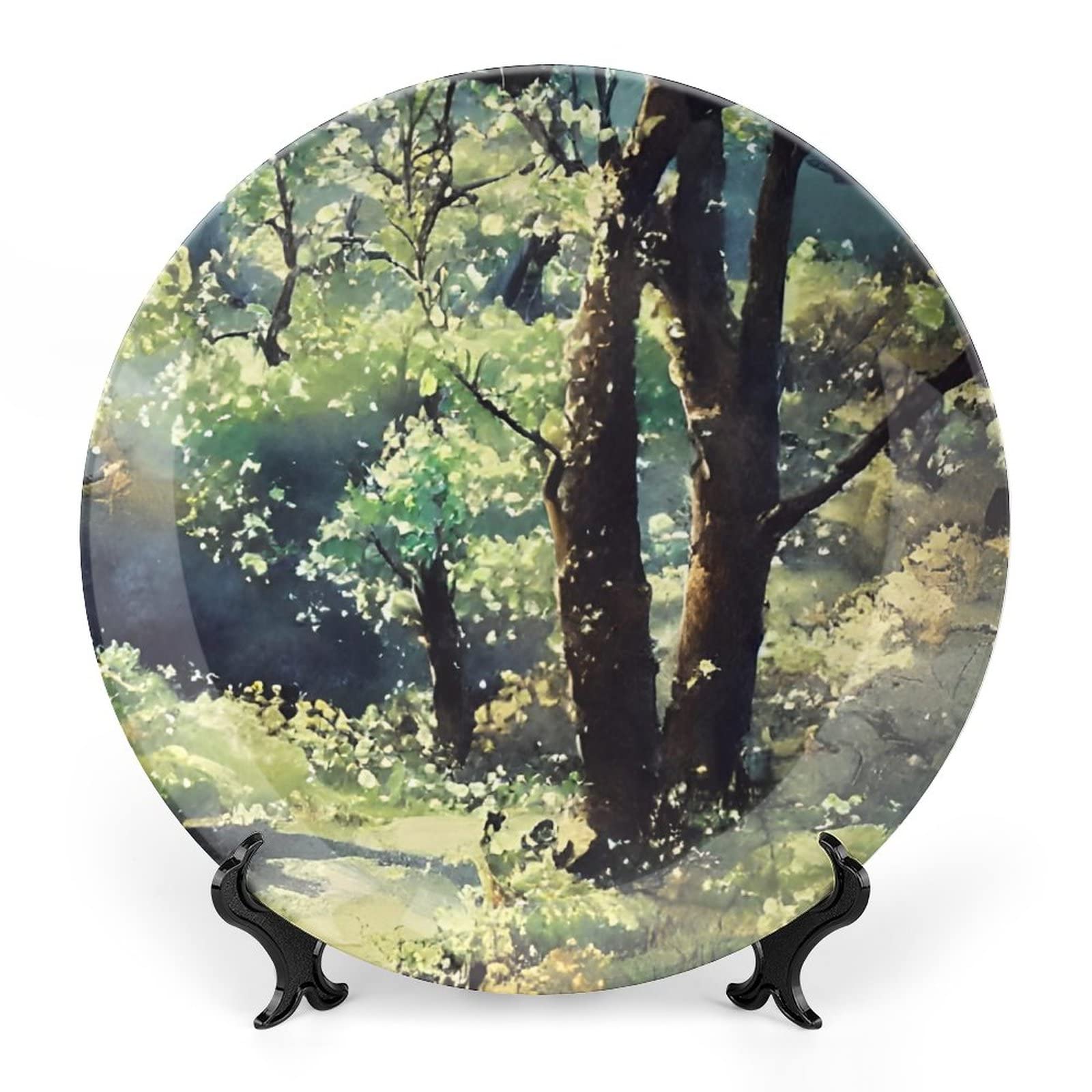 Gokays Decorative Plates, Greenery Jungle Landscape Watercolor Painting Ceramic Dinner Plate Home Wobble-Plate with Display Stand, Wall Hanging Decor for Living Dining Room Kitchen Household 18 CM