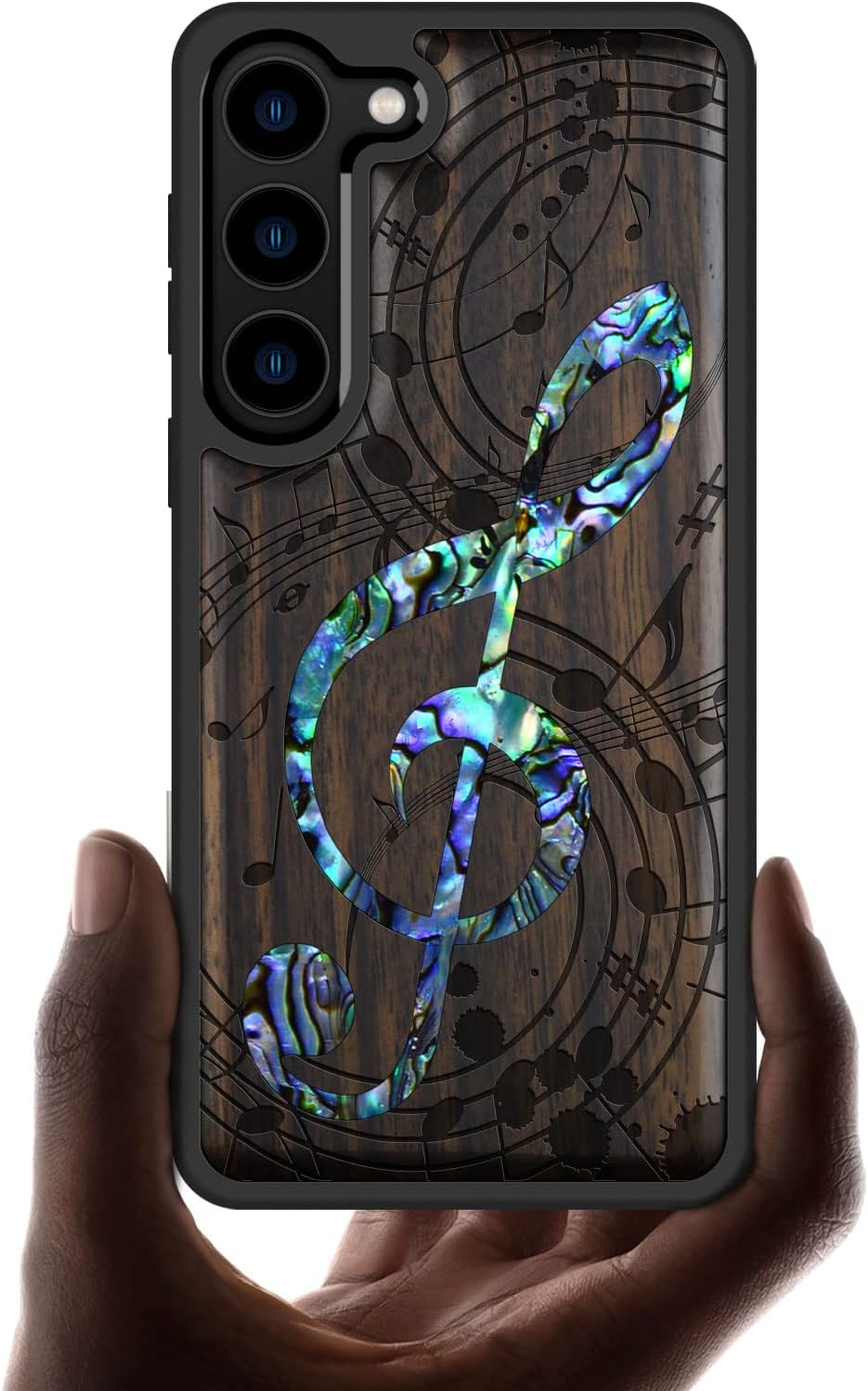 Carveit Designer Wooden Case for Samsung Galaxy S23 Plus Cover [Wood Engraving & Shell Inlay] Wood Phone Case Compatible with Wireless Chargers Galaxy S23 Plus Case (Musical Note-Blackwood)