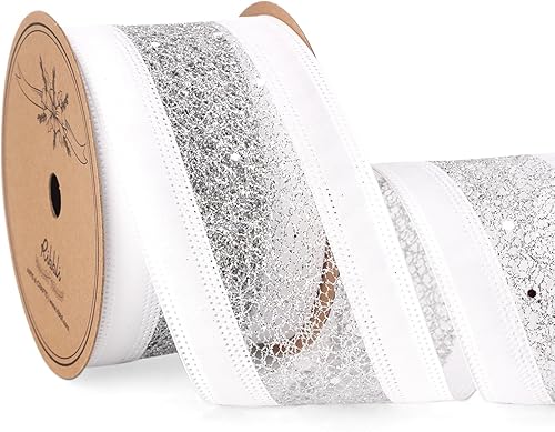 Ribbli Cinta blanca con alambre de satén blanco con malla de purpurina dorada champán de 2.5 pulgadas para envolver regalos de árbol, coronas,