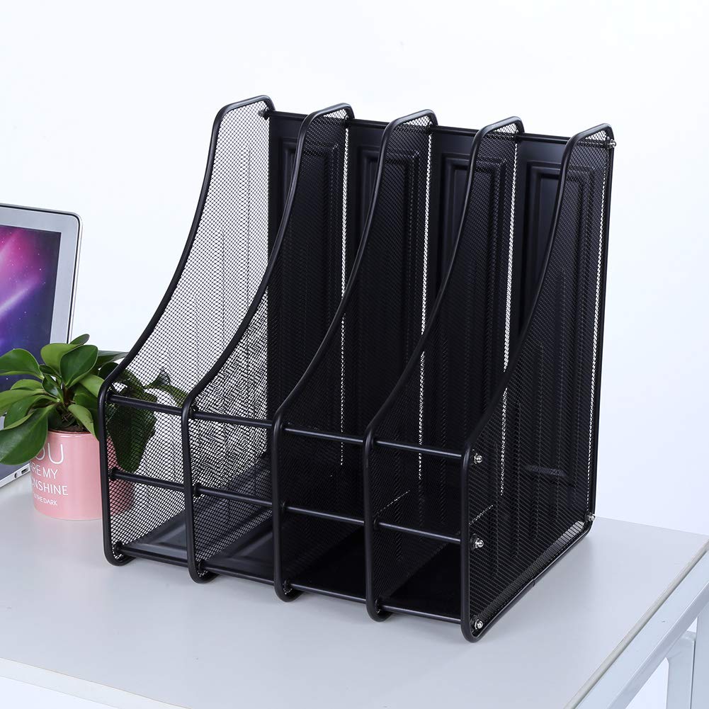 Organizer per portadocumenti in metallo con 4 slot, supporto verticale per ufficio, scrivania, casa, nero, 28x34,5x35 cm