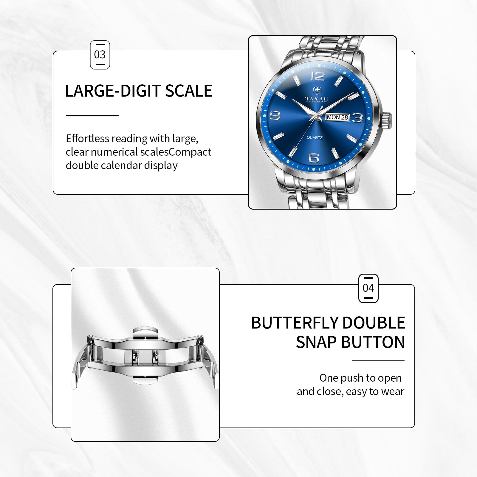 Taxau Wasserdicht Edelstahl Kleid Luxus Business Multifunktion Leuchtend Datum Geschenk Herrenuhr
