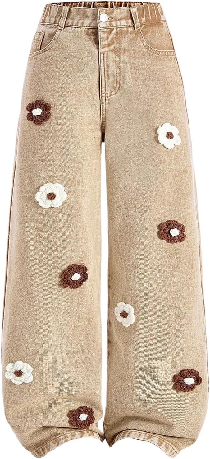 WDIRARA Girl's 3D Floral Jeans High Waisted Straight Leg Cute Denim Pants