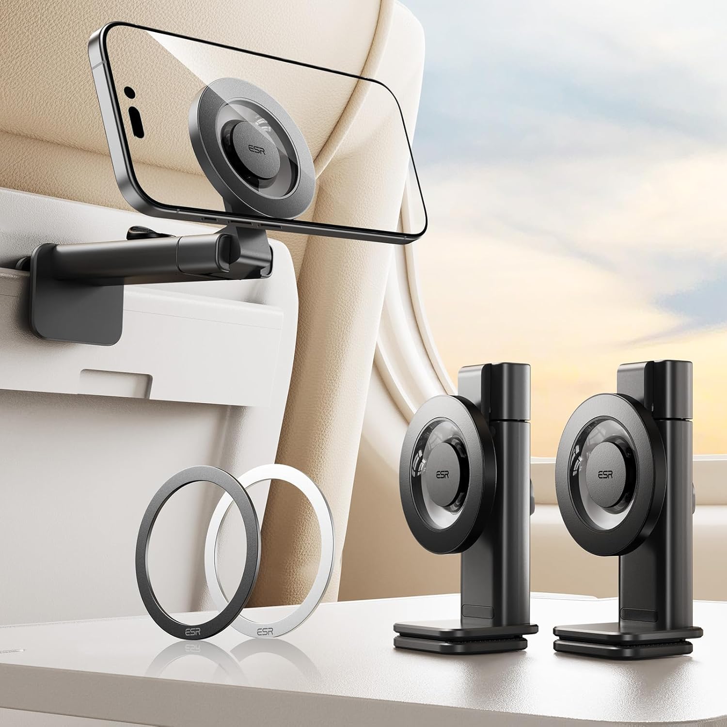 ESR for MagSafe Airplane Phone Holder,2 Pack, Airplane Travel Essentials, Portable Travel Phone Holder, Magnetic Plane Phone Mount with Metal Ring for iPhone 17 16 16e 15 14 13 12, Samsung,Android