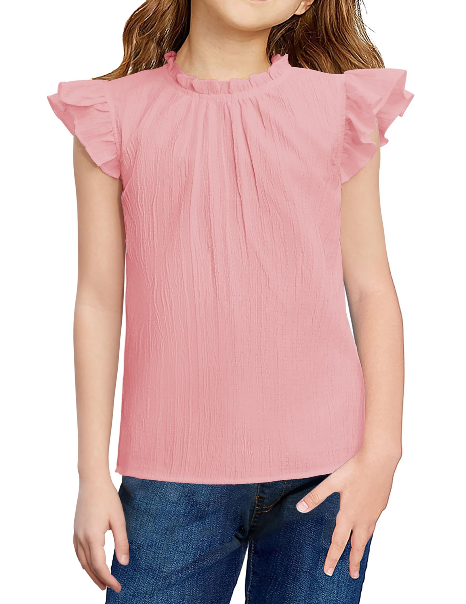Mädchen T-Shirt Sommer Top Kinder Ärmellos Oberteile A-Linie Bluse Locker Elegant Rüschen Ausschnitt Tshirts Casual Shirt Mode Kinderkleidung 5-12 Jahre