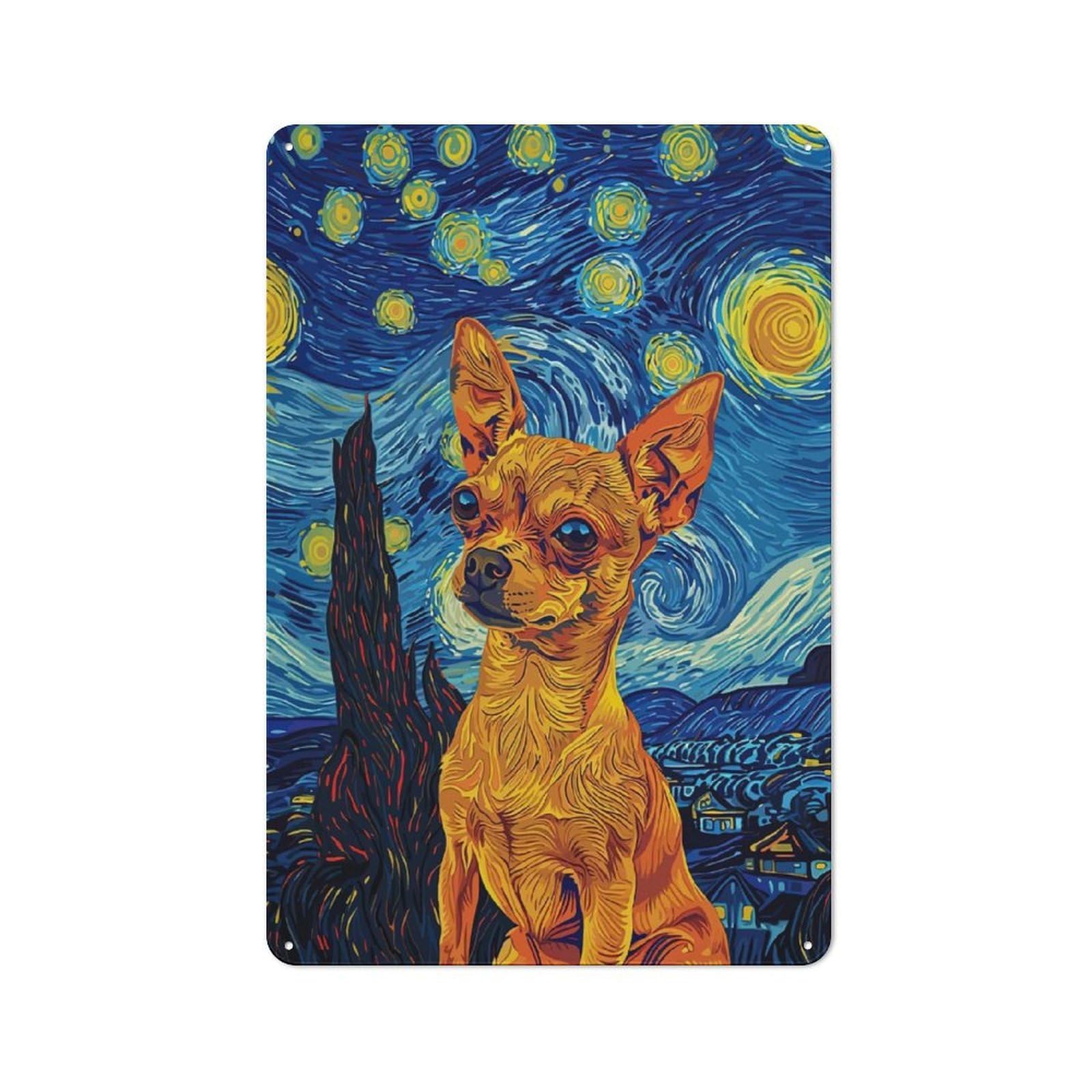 Junmoney Style-9 Starry Night Chihuahua Retro-Style Tin Sign 30X20cm For Home Bar Wall, With Clear Retro Wall Decor Character