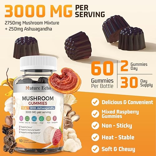 Miniatura 3 de Gomitas complejas de hongos 15 en 1 y gomitas Ashwagandha de 3000 mg - Melena de león, reishi, cola de pavo y más  Suplemento de hongos para función