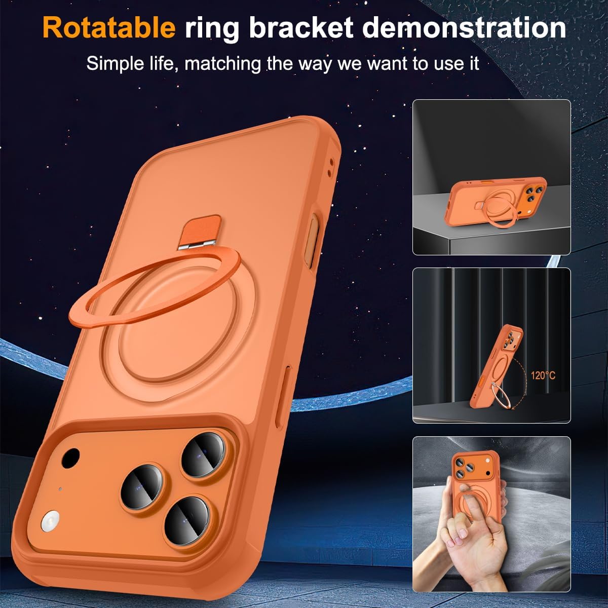 BAISRKE Compatible with iPhone 17 Pro Max Case with Invisible Magnetic O-Ring Stand Military-Grade Translucent Case for iPhone 17 6.9" [Compatible with Mag-Safe][Glass Screen Protector],Orange - Image 4