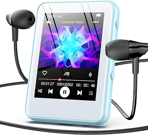 Reproductor MP3 azul claro con Bluetooth 5.3, pantalla táctil de 32 GB, reproductor de música portátil, altavoz integrado, radio FM, grabadora de