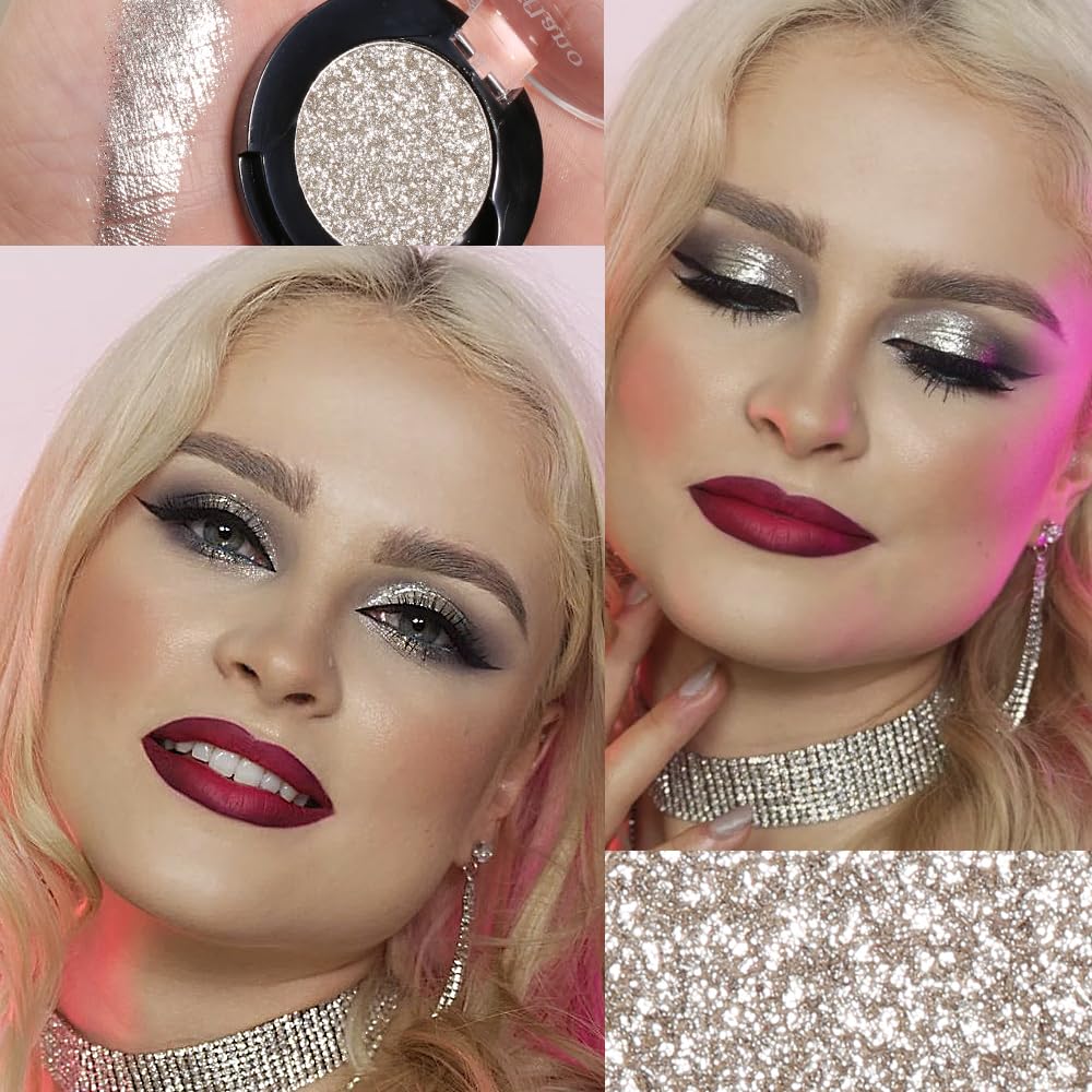 Afflano Silver Glitter Eyeshadow Palette Super Pigmented, Single Parkle Shimmer Silver Eyeshadow Palette - Image 2
