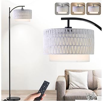 Yusist Arc Floor Lamp for Living Room,Farmhouse Floor Lamps with Remote Control & Dimmable Bulb,White Rattan Boho Tall Standing Lamp for Bedroom Office