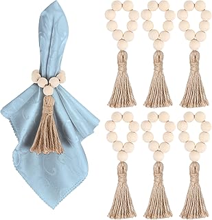 Meplait 6 Pieces Wooden Bead Napkin Rings, Farmhouse Stretchable Napkin Rings with Tassel Boho Napkin Ring for Dining Table,Wedding Decoration (Nature)