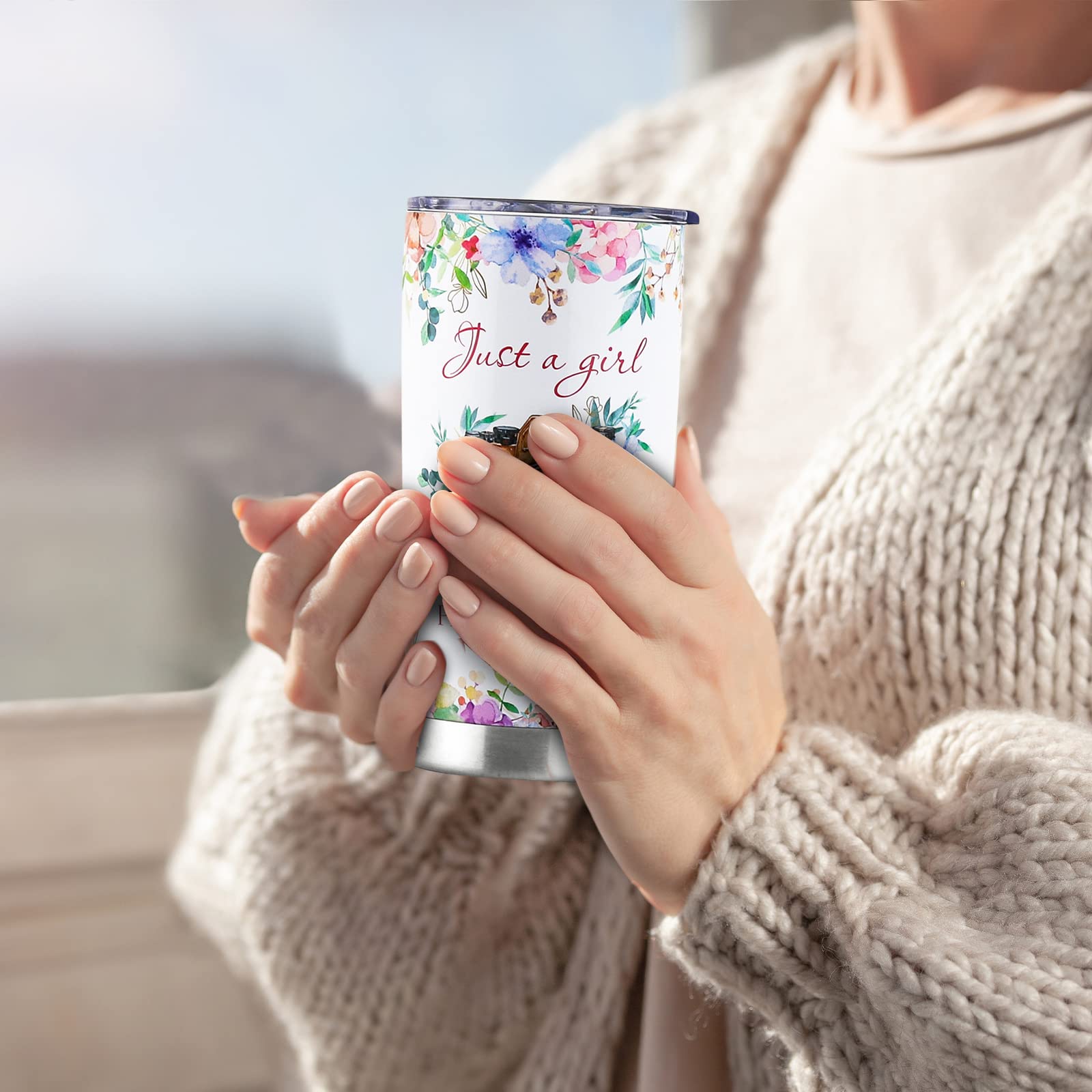 kwsnatel Photographer Gifts for Women - Just a Girl Who Loves Photography Tumbler with Lid - Birthday Gifts for Women Photographer - Traveling Cups for Her - Cute Flower Camera Coffee Mug 20oz