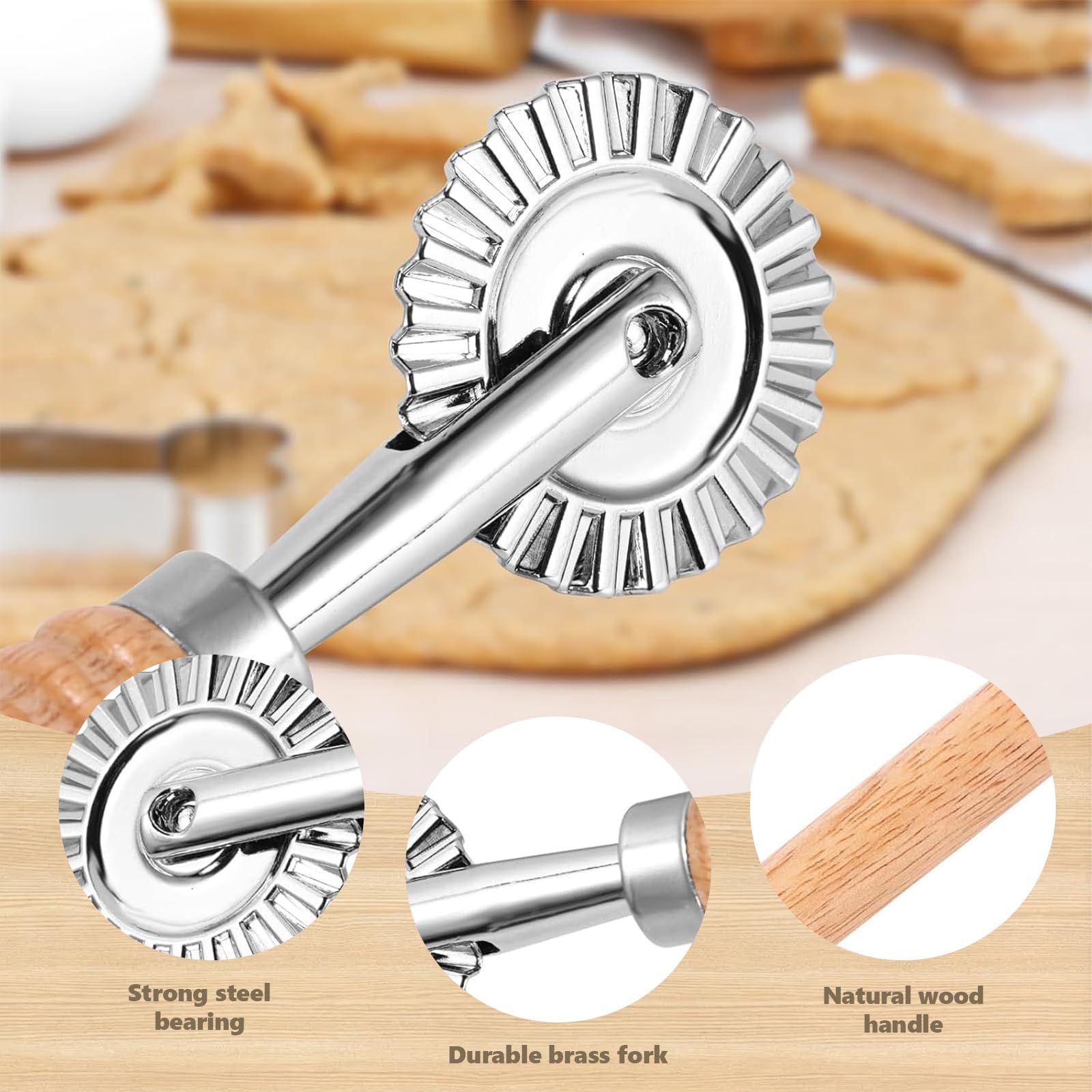 Rueda Cortadora de Pasta, Rueda de Repostería, Ruedas para Ravioli con Mango De Madera, Ruedas Cortadora de Acero Inoxidable, Pizza Pastelería Herramientas Moldes Acanalado Accesorio