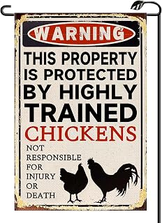 Funny Chicken "Warning: Property Protected by Chickens" Garden Flag 12x18 Inch Double Sided Chicken Coop Small Flags Farmhouse Outside Decoration For Yard (ONLY FLAG) RC26