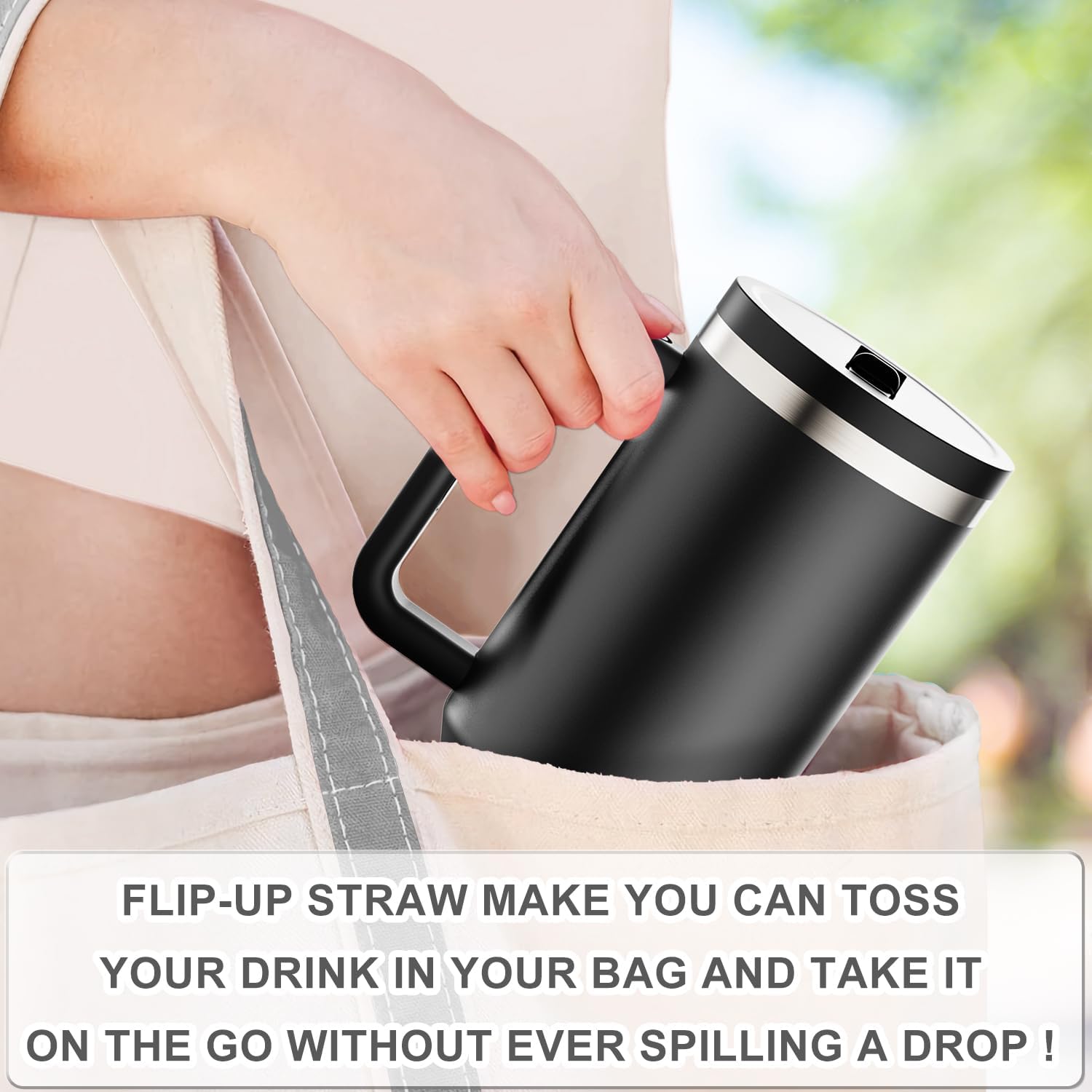 40 oz Tumbler with Handle and Flip Straw Lid - Upgraded Insulated Traveler Tumblers with Lids Straws Vacuum Leak Proof Stainless Steel 40oz Cup Mug Gifts for Men Women Him Her (Black) - Image 5