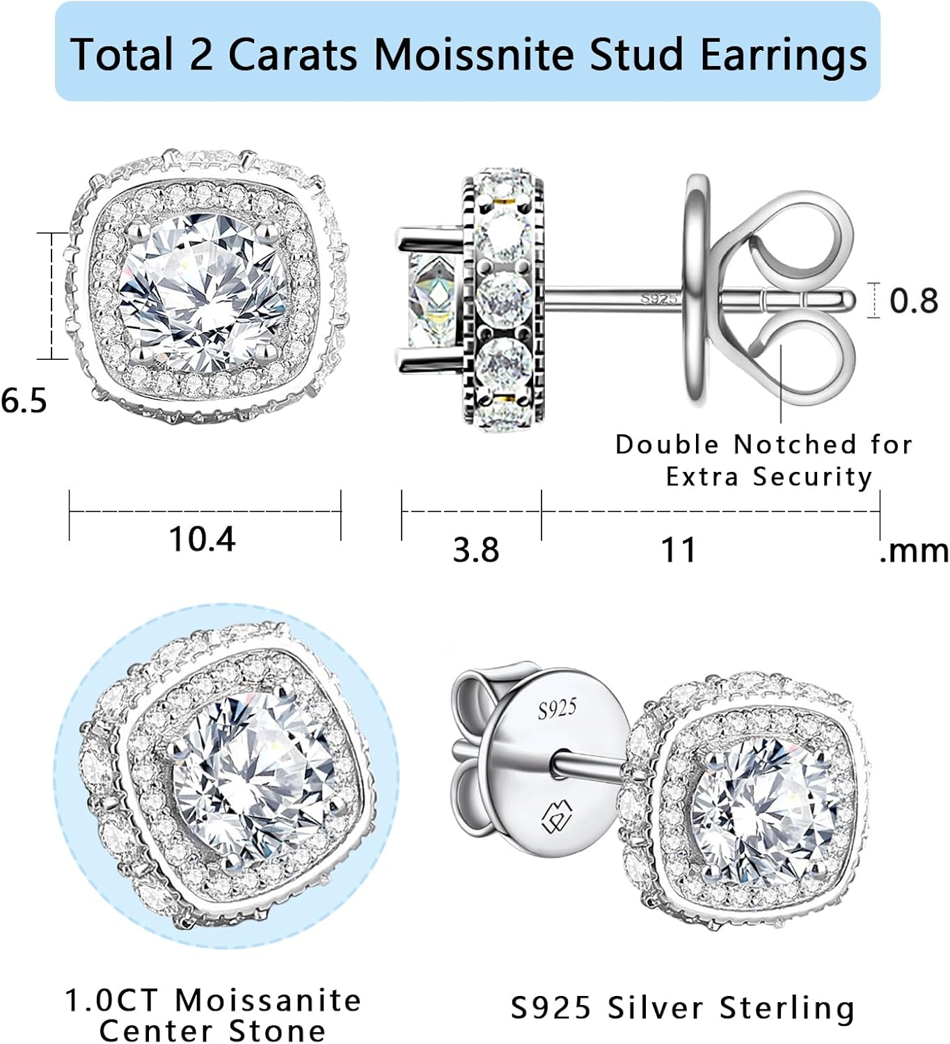 Moissanite Earrings for Women Men,S925 Sterling Silver Earrings 3.6CTTW VVS1 D Color Round Moissanite Earring Stud for Women - Image 4