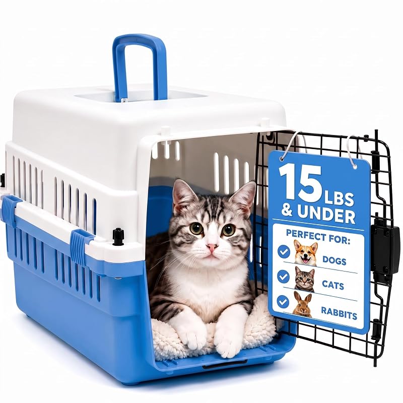 Caixa de Transporte Rígida para Cães e Gatos FREEPET com Porta de Arame e Ventilação 360° Blue-20 inch, 50,04 x 34,04 x 32 cm