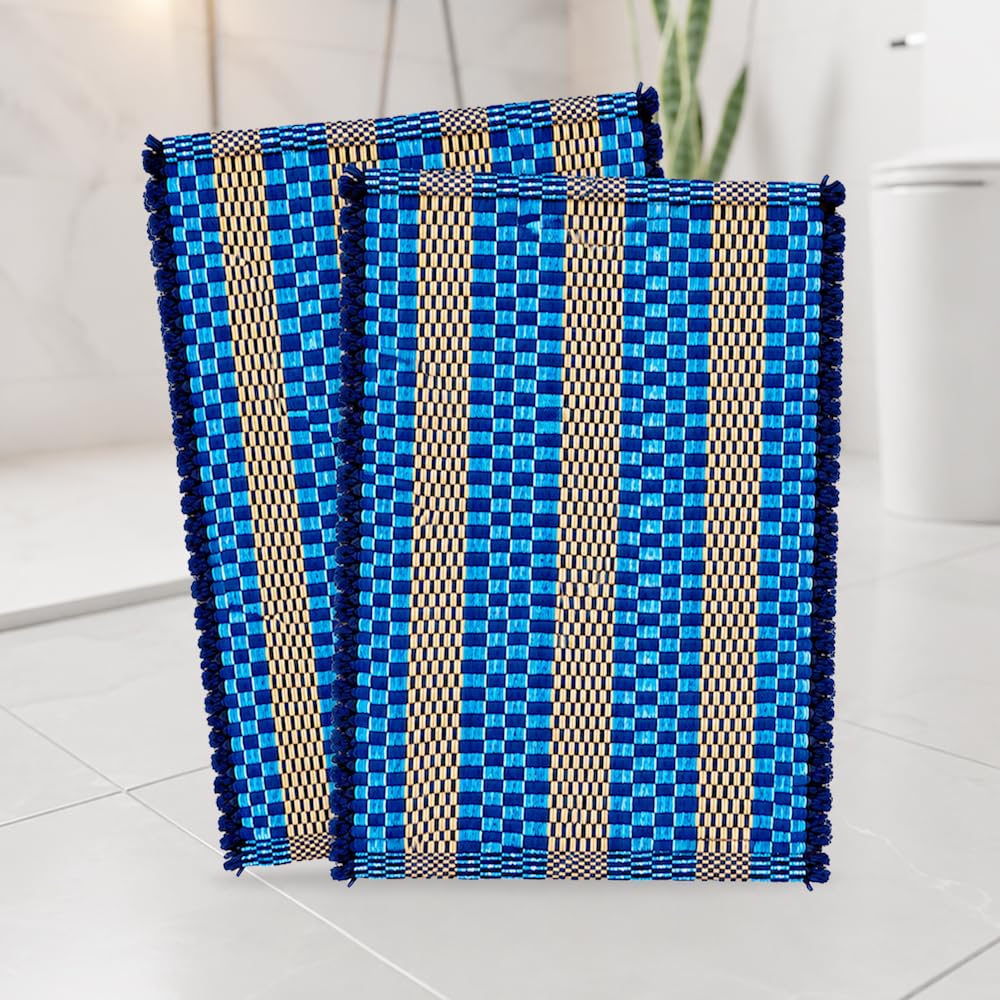 RT Looms Microfiber Doormats Striped Rectangle Shape Bath Mats | Soft & Super Absorbant Washable Rugs,Size - 16 * 24 Inches Pack of 2 (Blue) (Brown) (Blue)-image-0