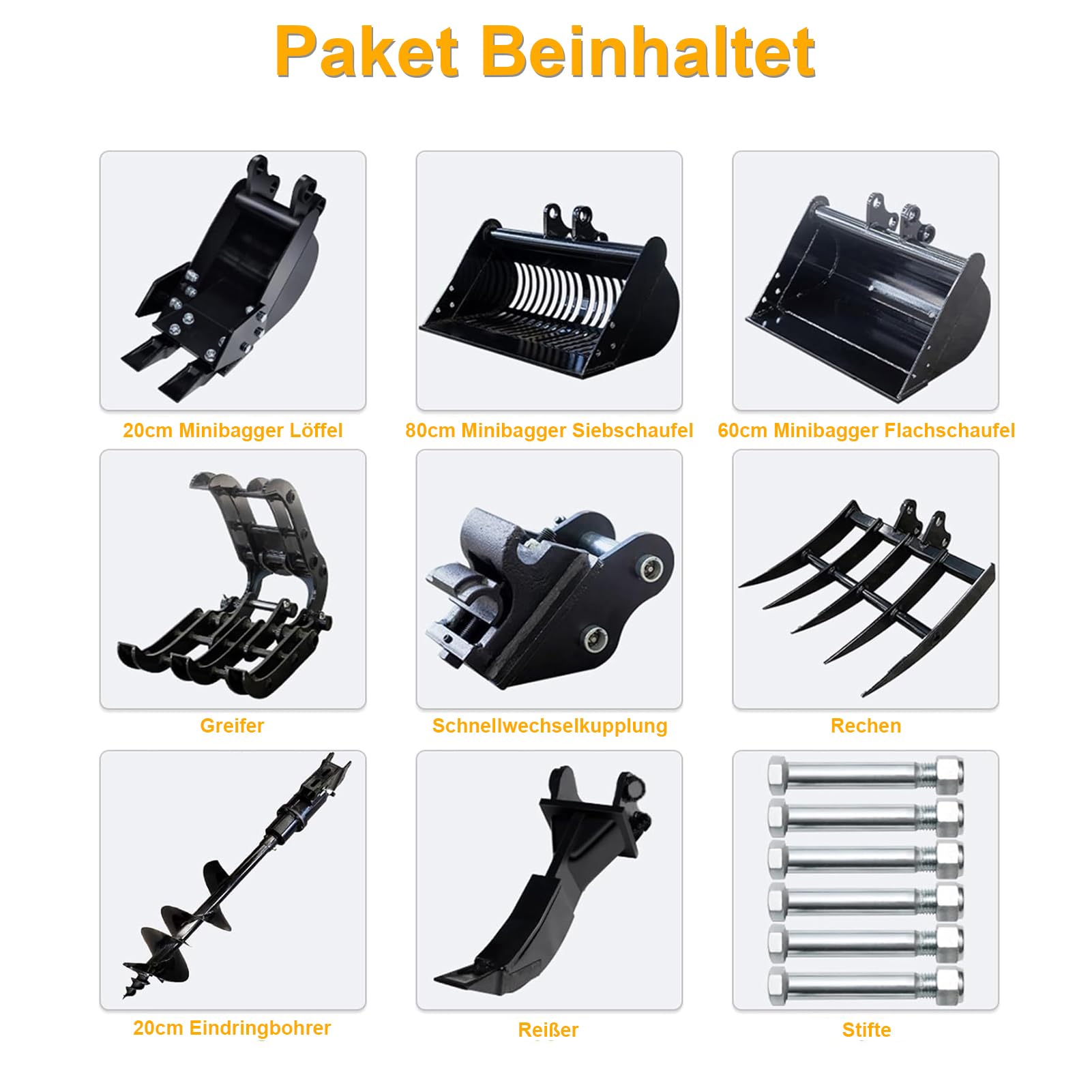 8-teiliges Minibagger-Anbaugeräte-Set 0,8–2 t, Löffel 20/60/80 cm | Schnellwechsler, Greifer, Reißzahn, Hydraulik-Erdbohrer, Wurzelrechen, Manganstahl, 6 Bolzen, Versand aus DE-Lager