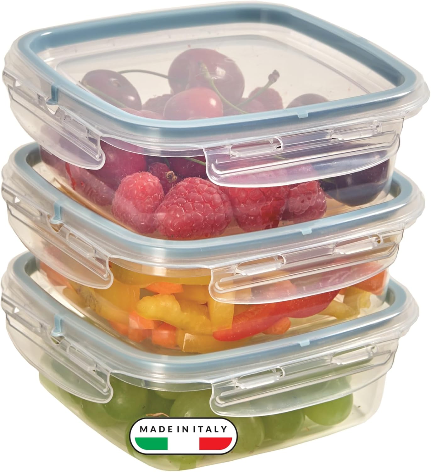 Snips – Set 3 Contenitori per Alimenti 0,5L Trasparenti, Coperchio Salva Freschezza con 4 Chiusure di Sicurezza – Contenitore per Cibi 14,7×14,7×8 Frigorifero, Microonde e Lavastoviglie, Made in Italy