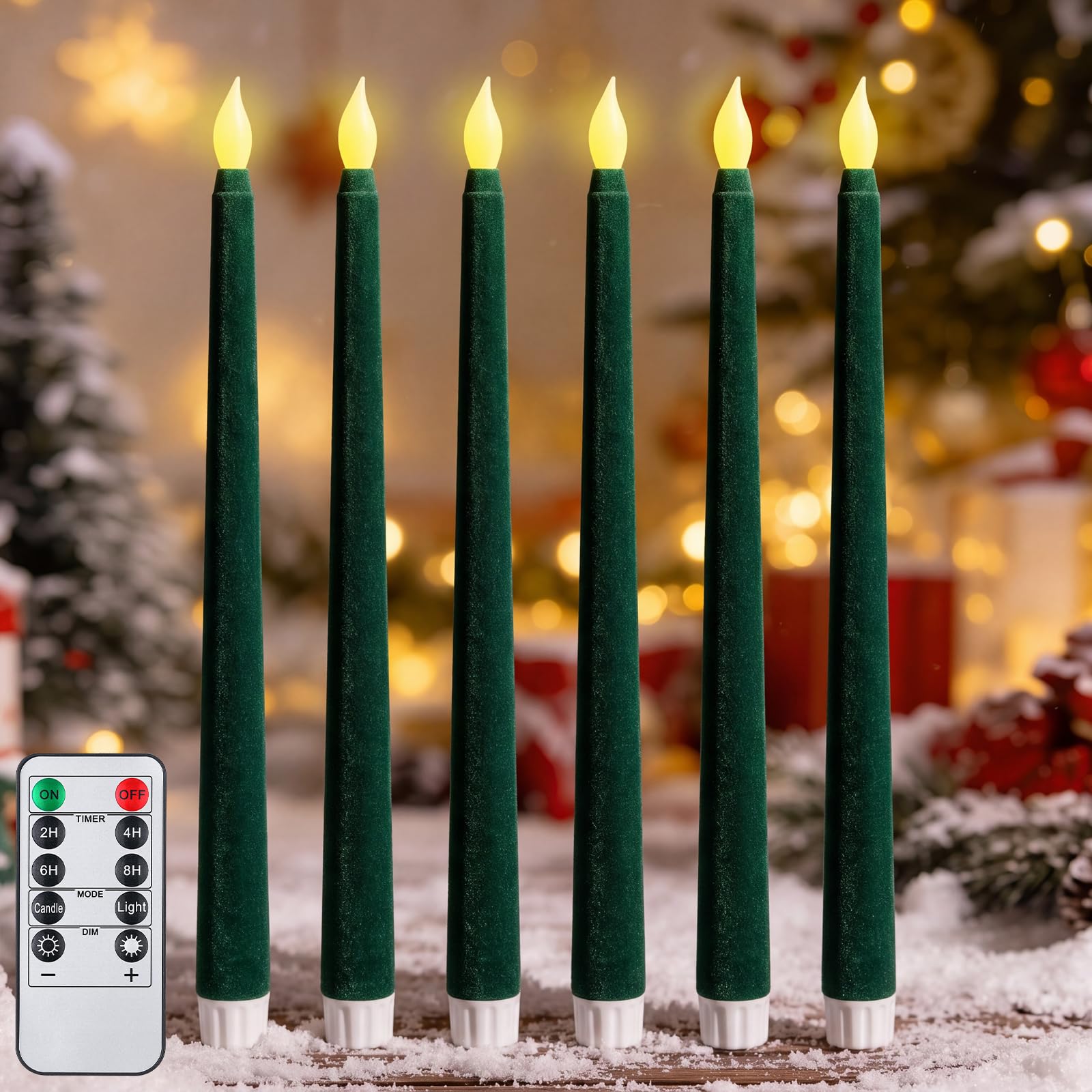 Tujoe 6 Pcs Green LED Velvet Christmas Taper Candles with Remote Timer