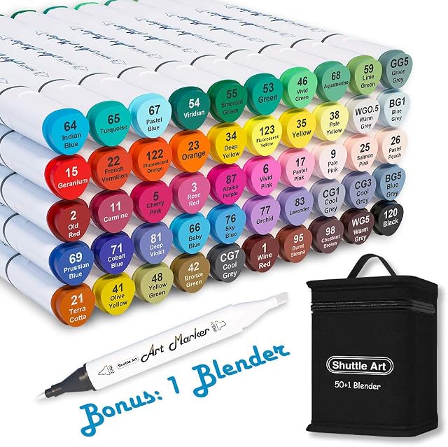 50 Colours Art Pens, Shuttle Art Dual Tip Alcohol Based Art Markers Plus 1 Blender Permanent Marker Pens for Kids and Adult, Ideal Graphic Markers for Colouring, Drawing, Sketching and Cards Making