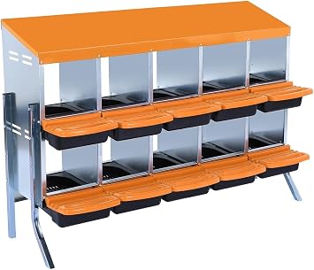 Chicken Nesting Box, 2 Layer 10 Compartments Metal Egg Laying Box with Legs, Lid Cover and Plastic Handle to Egg Collection, Rollout Egg Collection for Chicken Coops, Orange