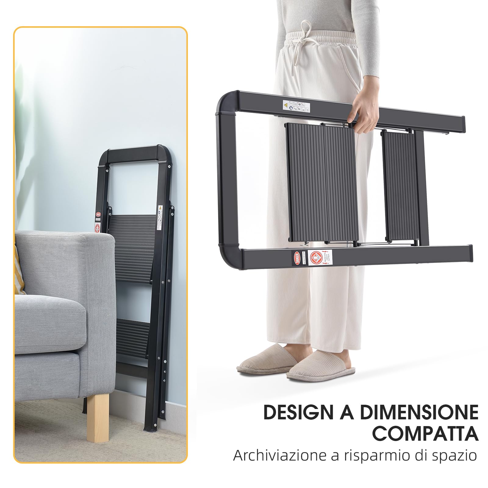 KINGRACK Scaletta 2 Gradini di Pieghevole, Scala in Alluminio con Corrimano, con Dispositivo di Protezione di Sicurezza. Gradini Antiscivolo, Massima 150kg, Nero