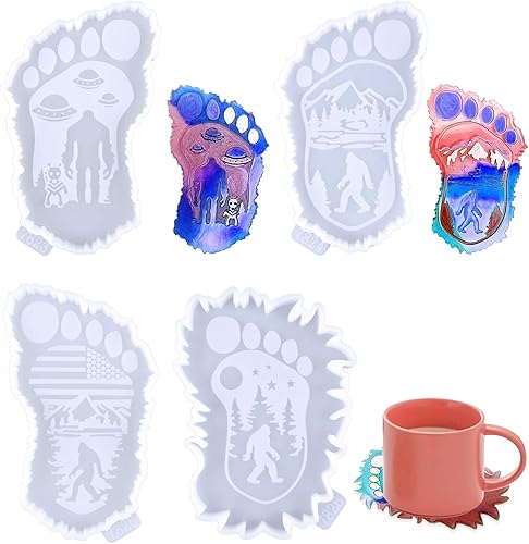 Paquete de 4 moldes para posavasos para fundición de resina Bigfoot Sasquatch de resina epoxi, soporte para tazas, moldes para manualidades,