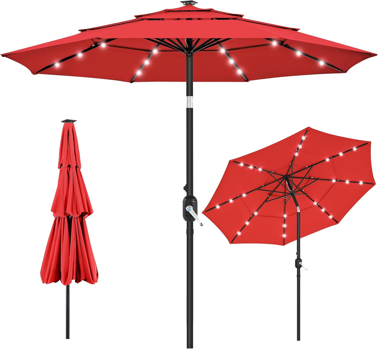 Yaheetech 10ft 3-Tier Vented Solar Patio Umbrella, Table Outdoor Market Umbrella with 24 LED Lights, 8 Sturdy Ribs Beach Umbrella with Tilt and Crank for Garden, Deck, Red