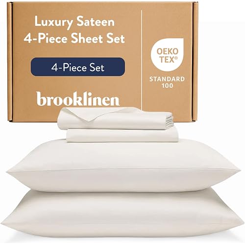 Brooklinen Luxury Sateen 4 Piece Sheet Set - 100% Cotton Bed Sheets, Soft & Durable Queen Size Sheets Set in Cream, Oeko-TEX Certified Bedding Set, 1 Fitted Sheet, 1 Flat Sheet, 2 Pillowcases