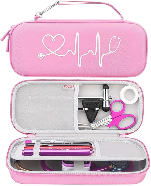 BOVKE Carrying Case for 3M Littmann Classic III, Lightweight II S.E, Cardiology IV Diagnostic, MDF Acoustica Deluxe Stethoscopes - Extra Room for Taylor Percussion Reflex Hammer and Penlight, Pink