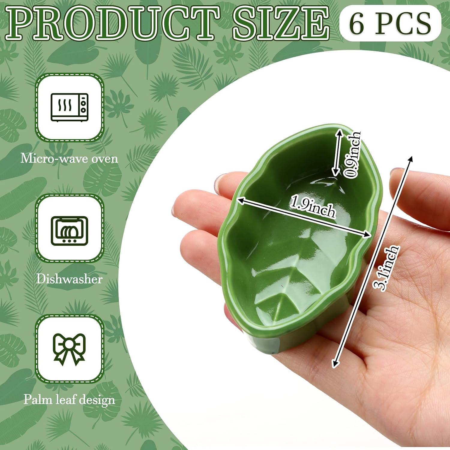 FoldTier 6 Pcs Palm Leaf Shaped Dipping Bowls Green 1 oz Hawaiian Soy Sauce Dish Ceramic Small Serving Trays for Side Dishes Mini Pinch Prep Bowls Luau Tropical Party Serving Trays BBQ Summer Jungle