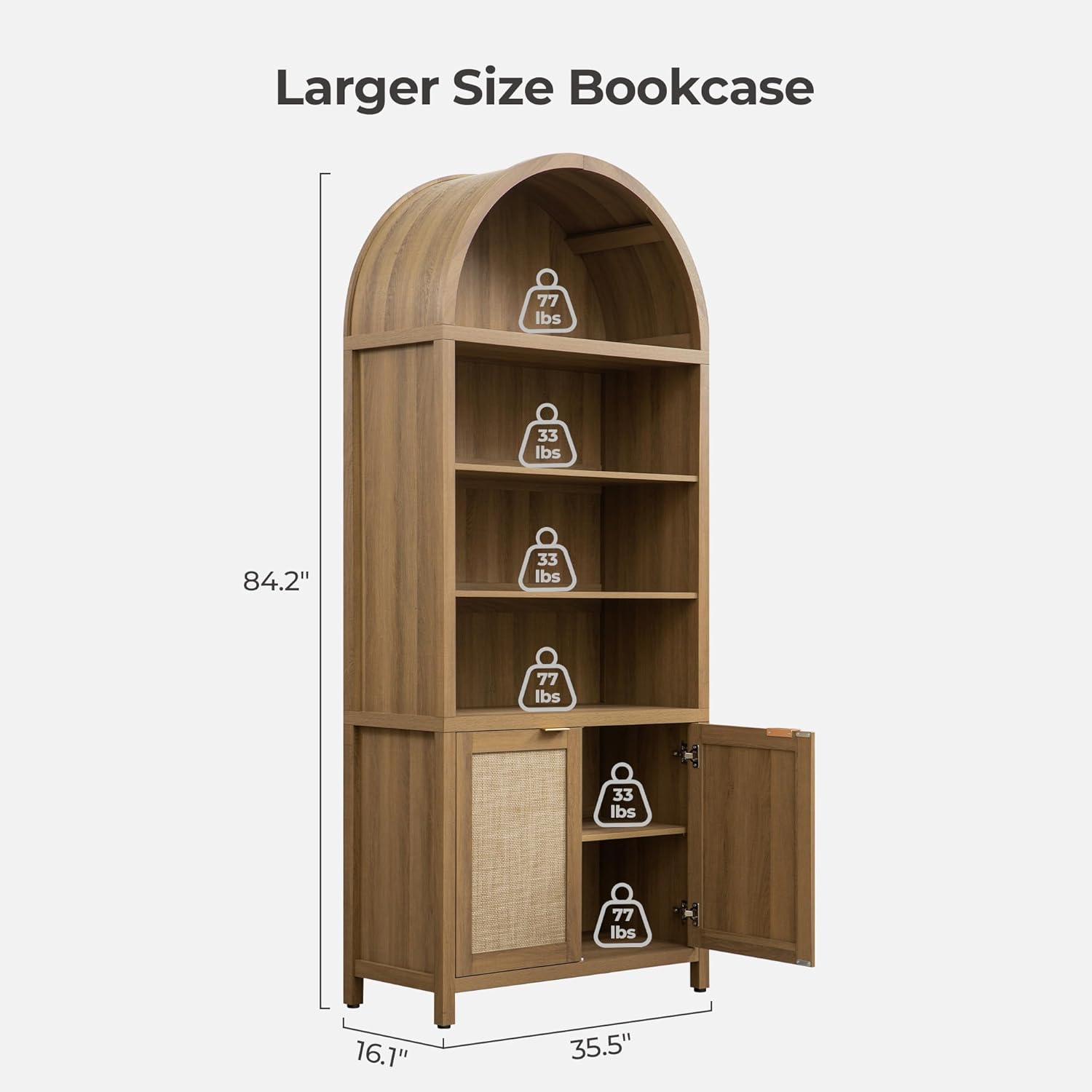 SICOTAS Book Shelf Arched Cabinet Bookshelf Arch 84.2" Tall Bookcase 5 Tier Large Bookshelves with Doors Storage Rattan Boho Wide Book Shelves Case for Living Room Kitchen Office Bedroom Library Reclaimed Caramel Oak 1 Piece