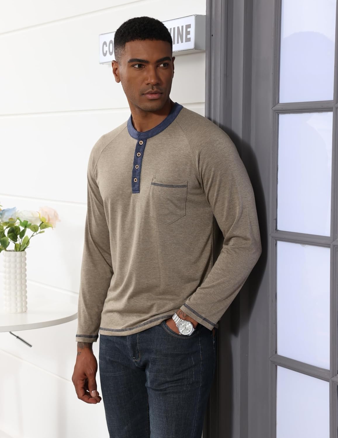 Mens Henley Shirts Long Sleeve Casual T-Shirts Basic Classic Vintage Cotton Tee Shirts Pocket Button Shirt - Image 4
