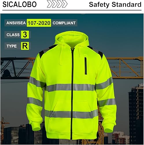 Miniatura 5 de Sicalobo Men's High Visibility Safety Sweatshirt,ANSI Class 3 Zipper Reflective Work Hoodie,Hi Vis Hooded Pullover Workwear