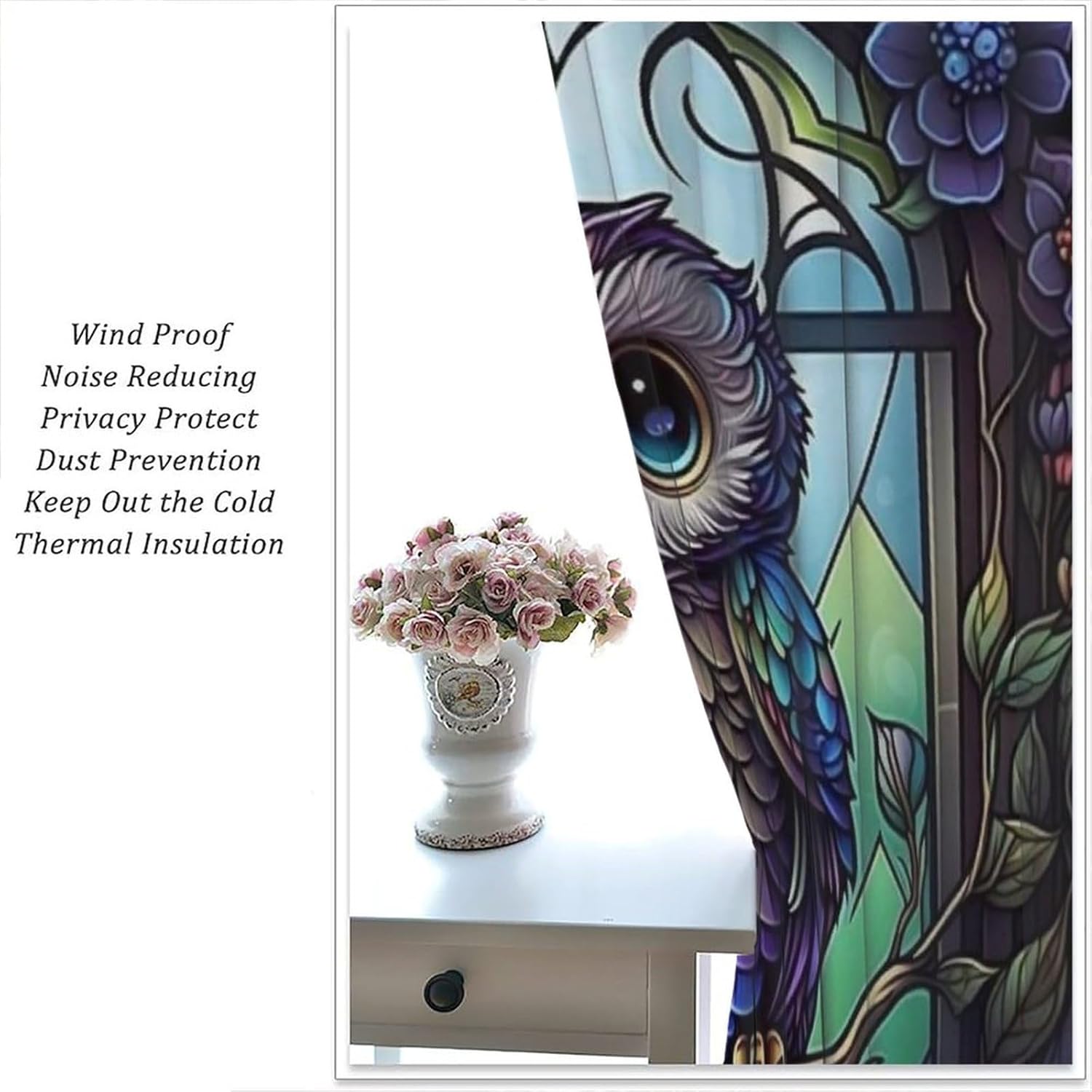 Funny Owl Blackout Window Curtain Owl Stained Glass Mushroom Spring for Home Kitchen Livingroom Coffee Room Window Curtain 2Panel 42" W X 54" L