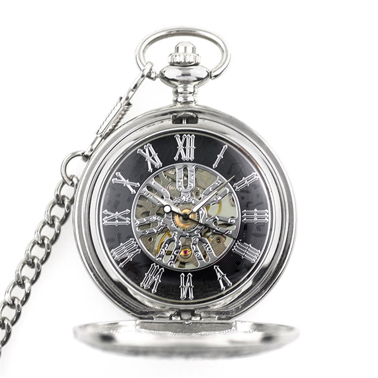 Mode Retro Taschenuhr Herrentaschenuhr, Antike Skelett mechanische Männer Steampunk mechanische Fob Uhren Uhr Anhänger Handaufzug(Silver)