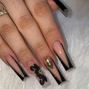 Hkanlre Bling Coffin Press on Nails Fake Nails Tips Full Cover Medium False Gradient Nails for Women and Girls 24PCS Coffin Black