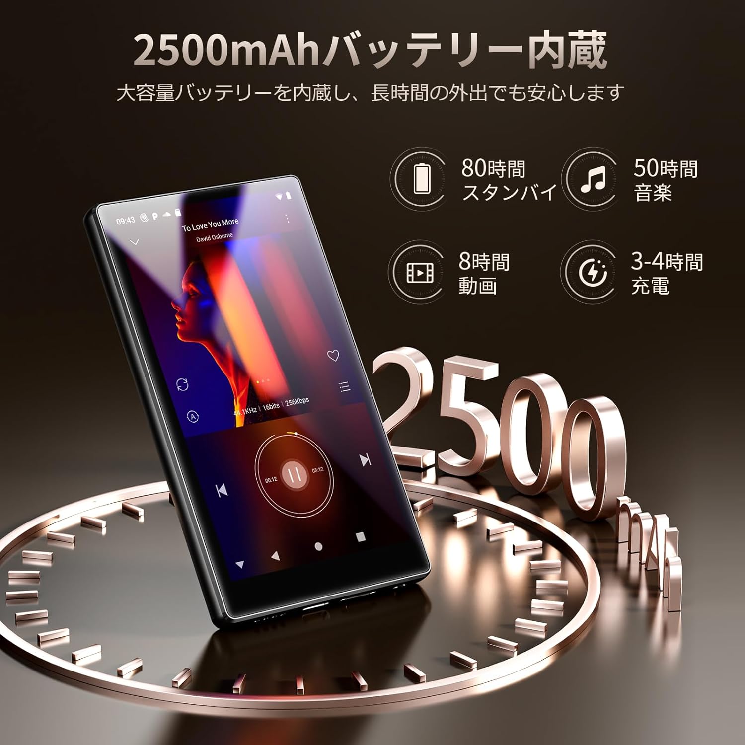 The Fanvace P6 MP3 player with an overlay showing battery performance: 80 hours standby, 50 hours music playback, 8 hours video playback, and 3-4 hours charging time. The text '2500mAh Battery Built-in' is prominent.