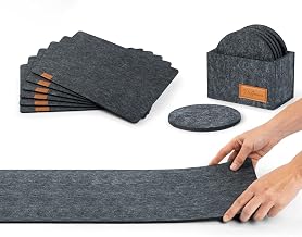Washable Felt Placemat, Anthracite, 6 Placemats, 10 Glass Coasters and Table Runner in Value Set I