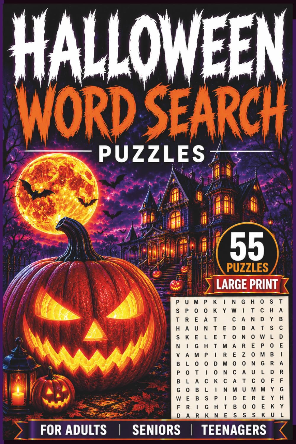 Halloween Word Search Puzzles: Word Search Puzzle Book About Ghosts, Witches, Pumpkins, Haunted Houses, Monsters & More | Large Print | 55 Puzzles For Adults, Seniors & Teenagers | 6x9 Inch