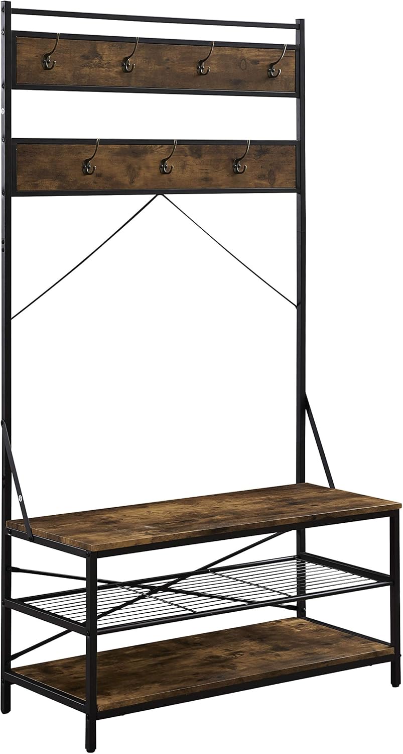 Hombazaar 3-in-1 Entryway Coat Shoe Rack, Entry Hall Tree Bench with 3 Tier Storage Shelves, Wood Furniture with Metal Frame, 7 Hooks for Garment Coats Hats Keys Umbrella Rack: Home Improvement