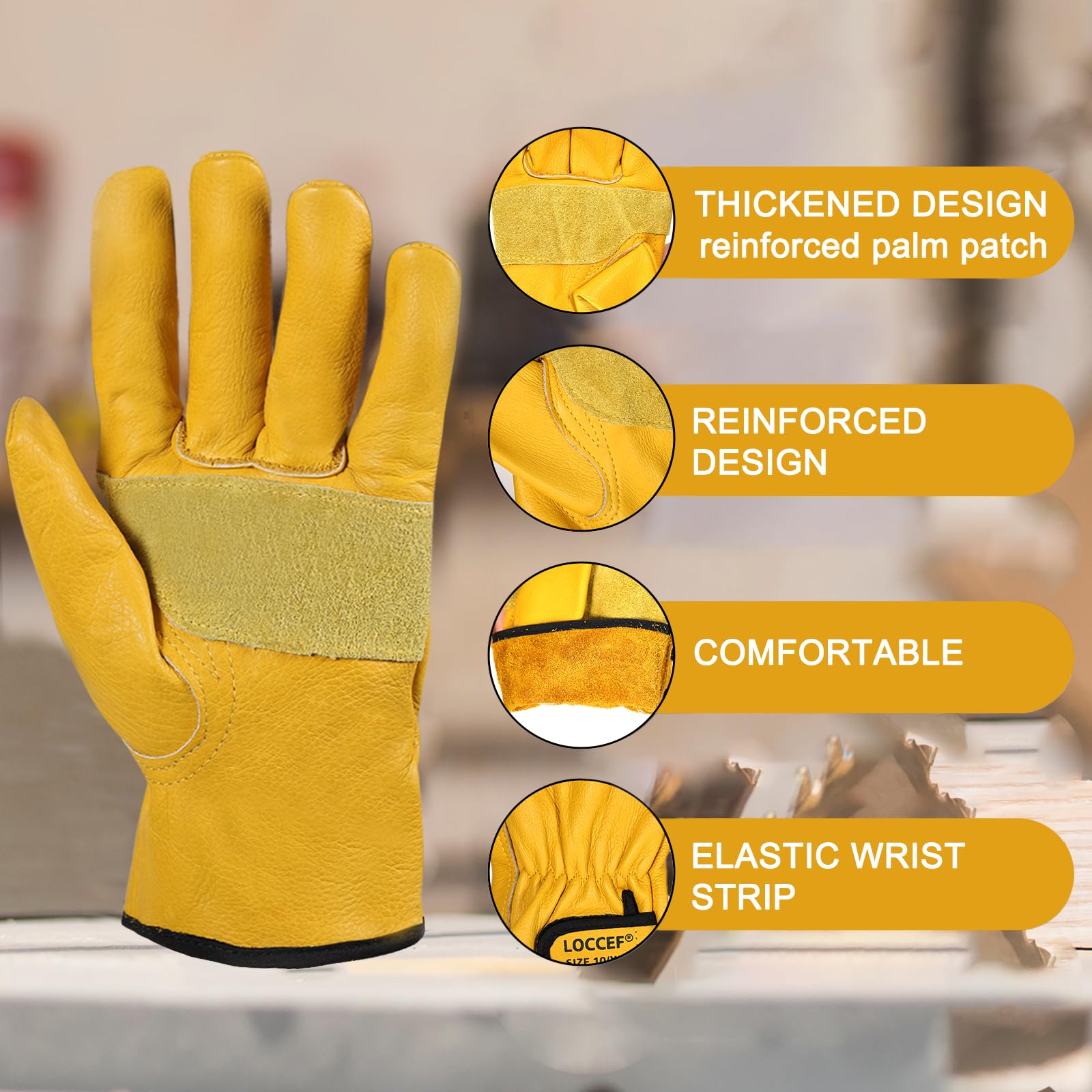 LOCCEF 2 pares de guantes de trabajo de cuero para hombres y mujeres, guantes de cuero vacuno, guantes de trabajo utilitarios (amarillo, 11/XXL)