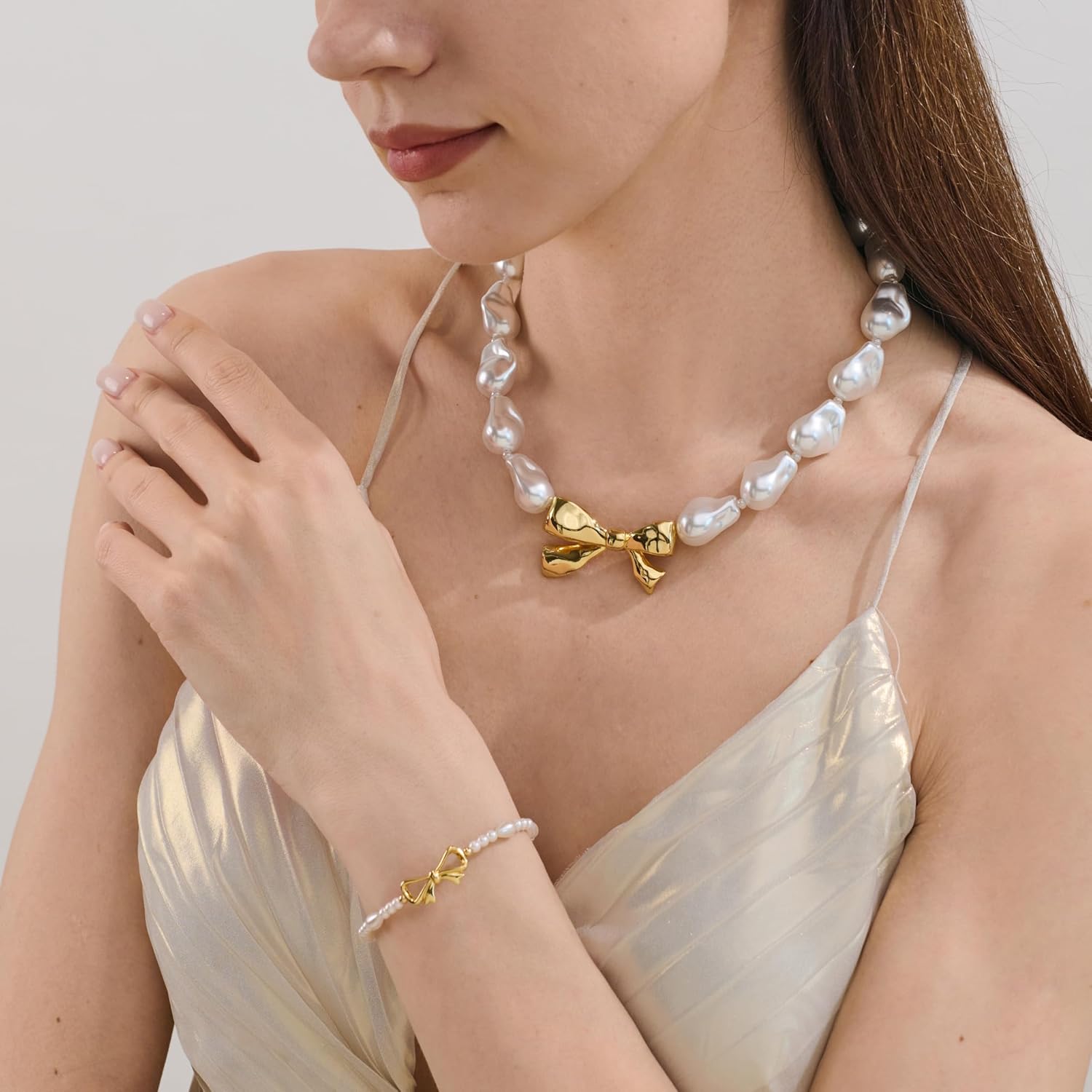 Pearl Bracelets for Women Dainty Bow Charm Bracelet Baroque Pearl Jewelry Gold Bow Knot Link Bracelet for Women - Image 4