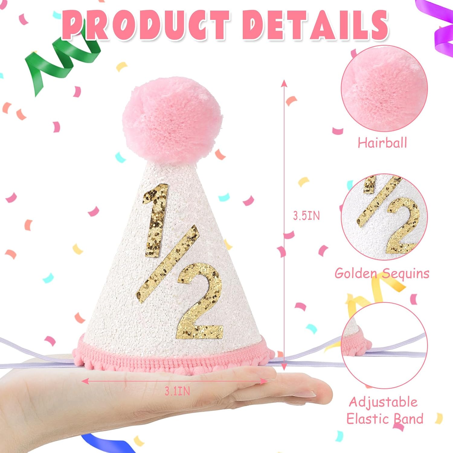 Pink Half Birthday Party Crown, 1/2 Glitter Pink Party Hat for Baby Girls or Boys, Birthday Photo Prop