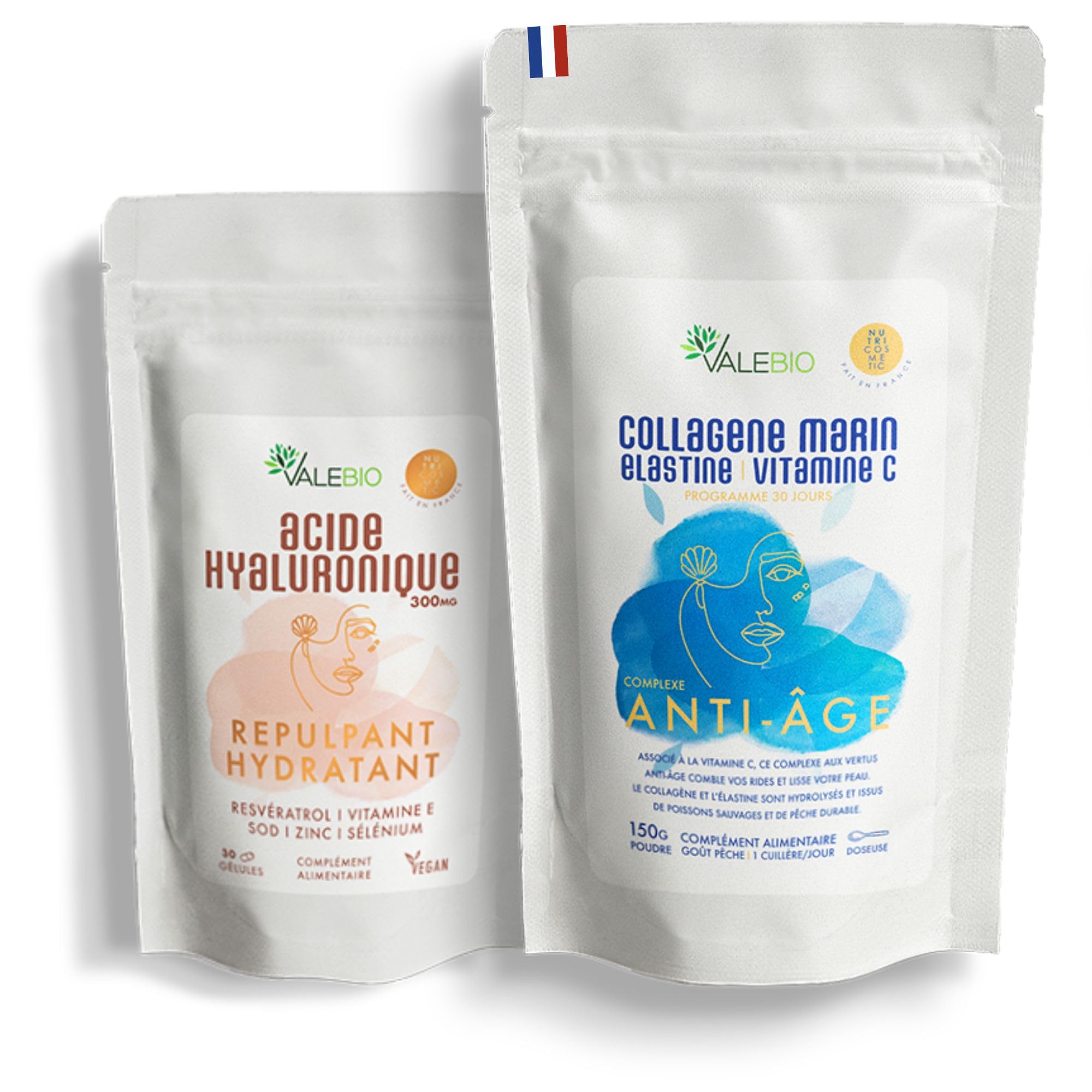 Collagene marin et acide hyaluronique | Duo peau repulpée, hydratée et lissée | Anti-âge | Cure 1 mois | Fabriqué en France | Valebio