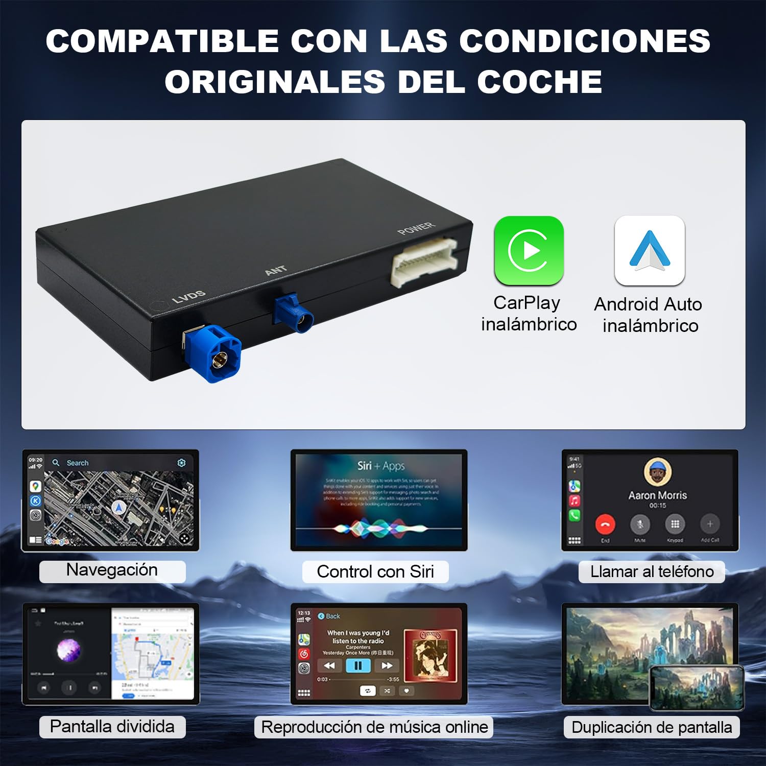 Kit di retrofit modulo decoder Wireless CarPlay/Android Auto compatibile con Audi A4/A5/S4/S5/RS4/RS5 e Q5 (2008–2018) per sistema MMI 3G, supporta comandi OEM, MirrorLink e telecamera posteriore